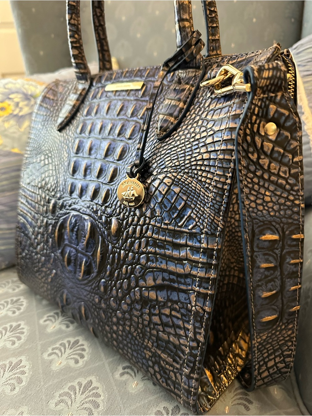 Brahmin Large Caroline Lazuli Blue Croc-Embossed Satchel - Picture 3 of 9